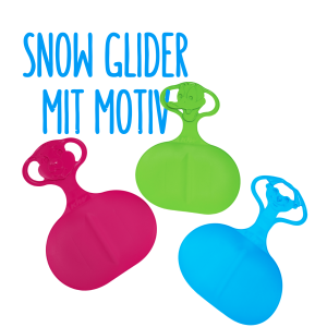 Drei Snow Glider in Pink, Grün und Eisblau mit großem, rundem Sitz, zwei Grifföffnungen und unterschiedlichen eingeprägten Motiven. Überschrift: „Snow Glider mit Motiv“.