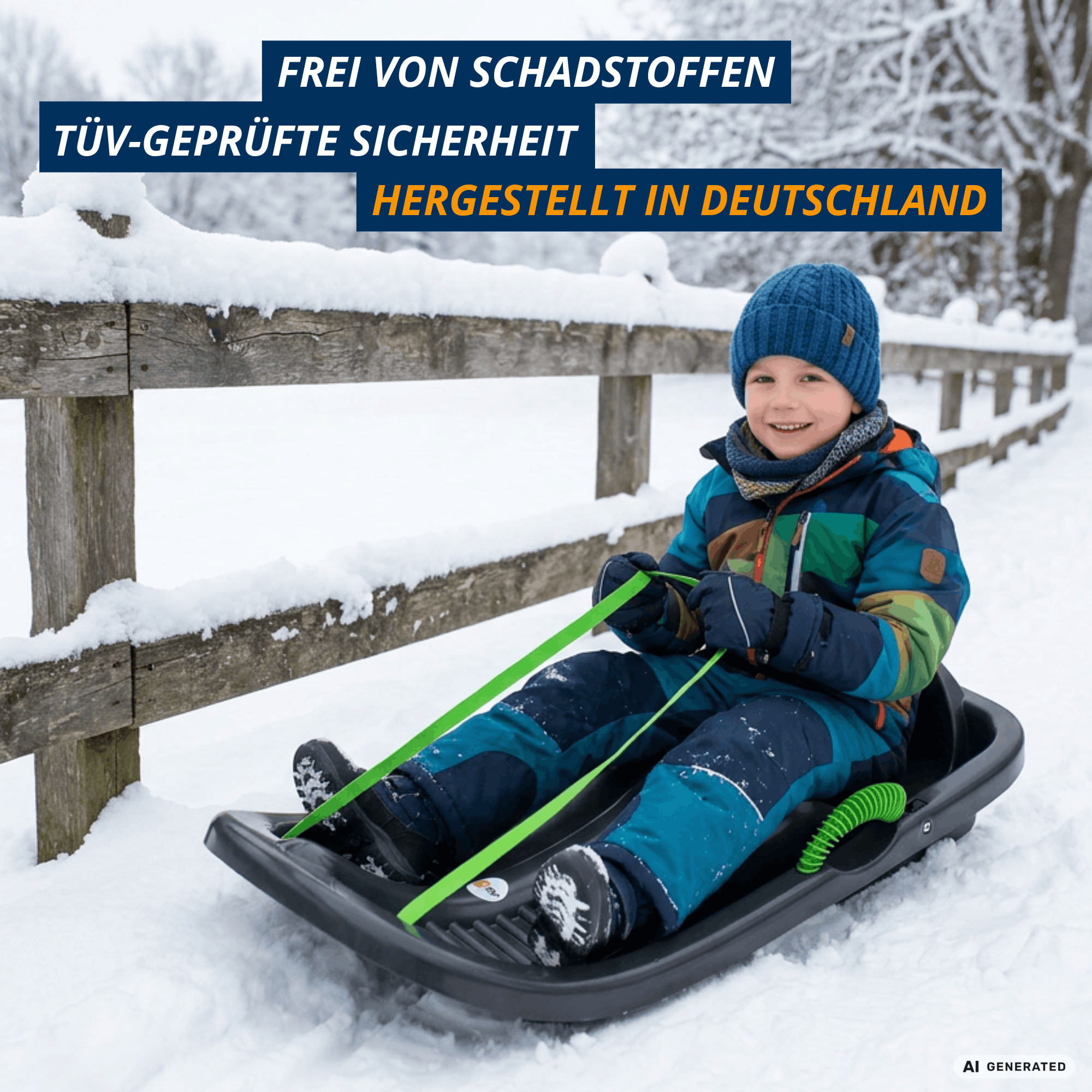 Kind sitzt mit Zugseil auf einem anthraziten Schlitten in verschneiter Umgebung. Der Snow Bird ist frei von Schadstoffen und wird in Deutschland hergestellt.